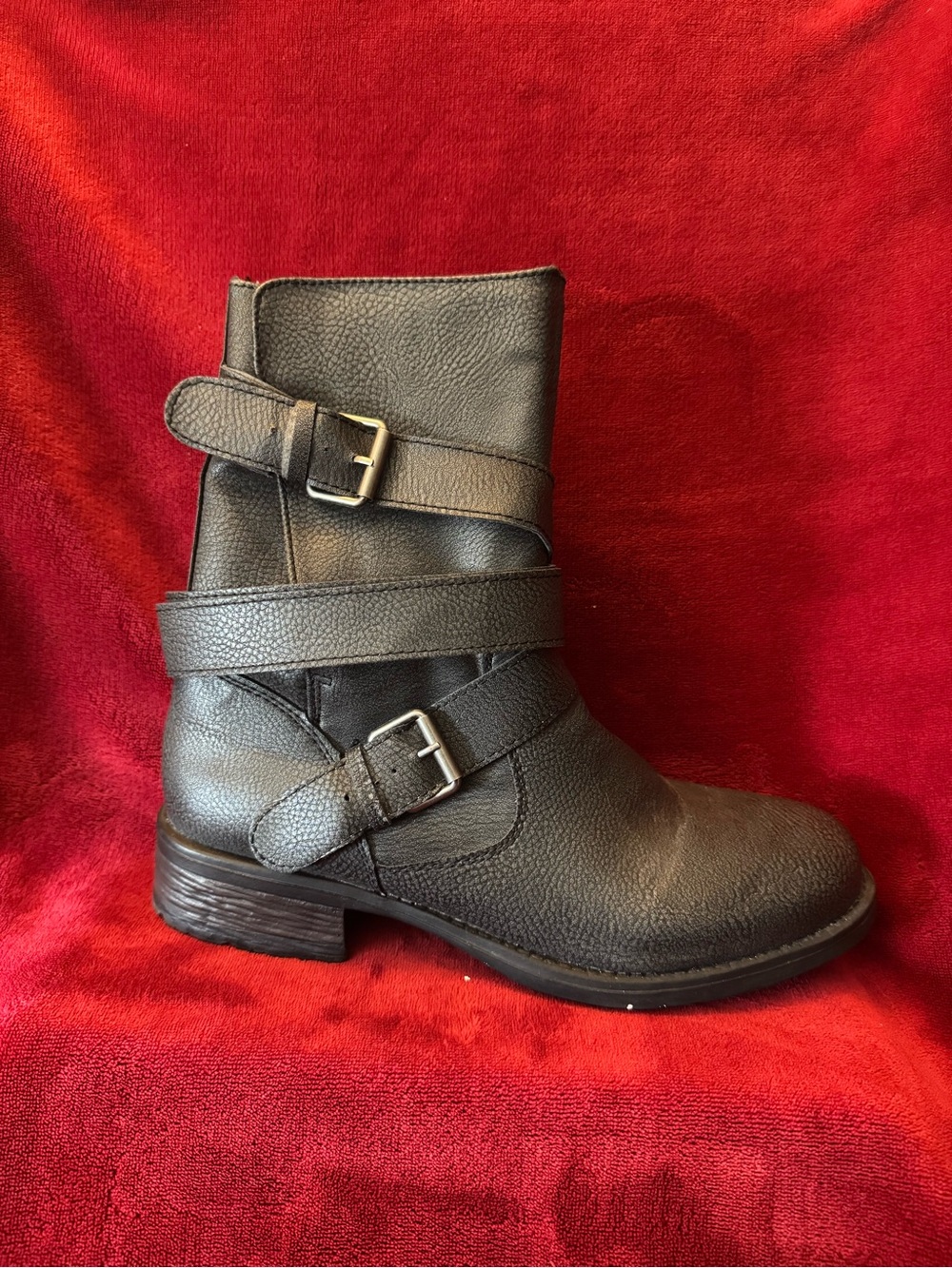 Gray Leather Buckle Ankle Boots - Women's